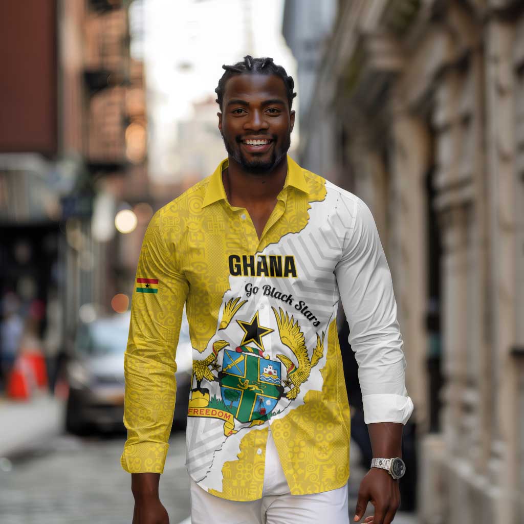 Custom Ghana Football Long Sleeve Button Shirt 2026 Go Black Stars Yellow Adinkra Pattern - African Pride