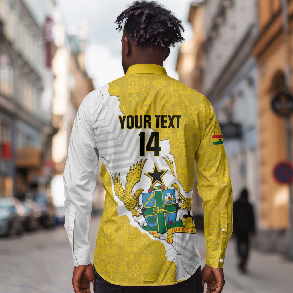 Custom Ghana Football Long Sleeve Button Shirt 2026 Go Black Stars Yellow Adinkra Pattern - African Pride