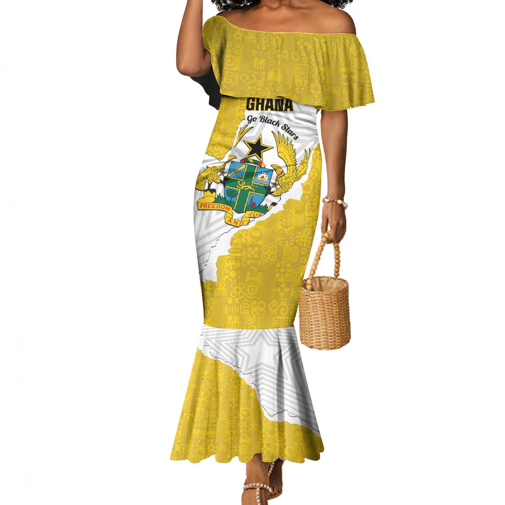 Custom Ghana Football Mermaid Dress 2026 Go Black Stars Yellow Adinkra Pattern LT14