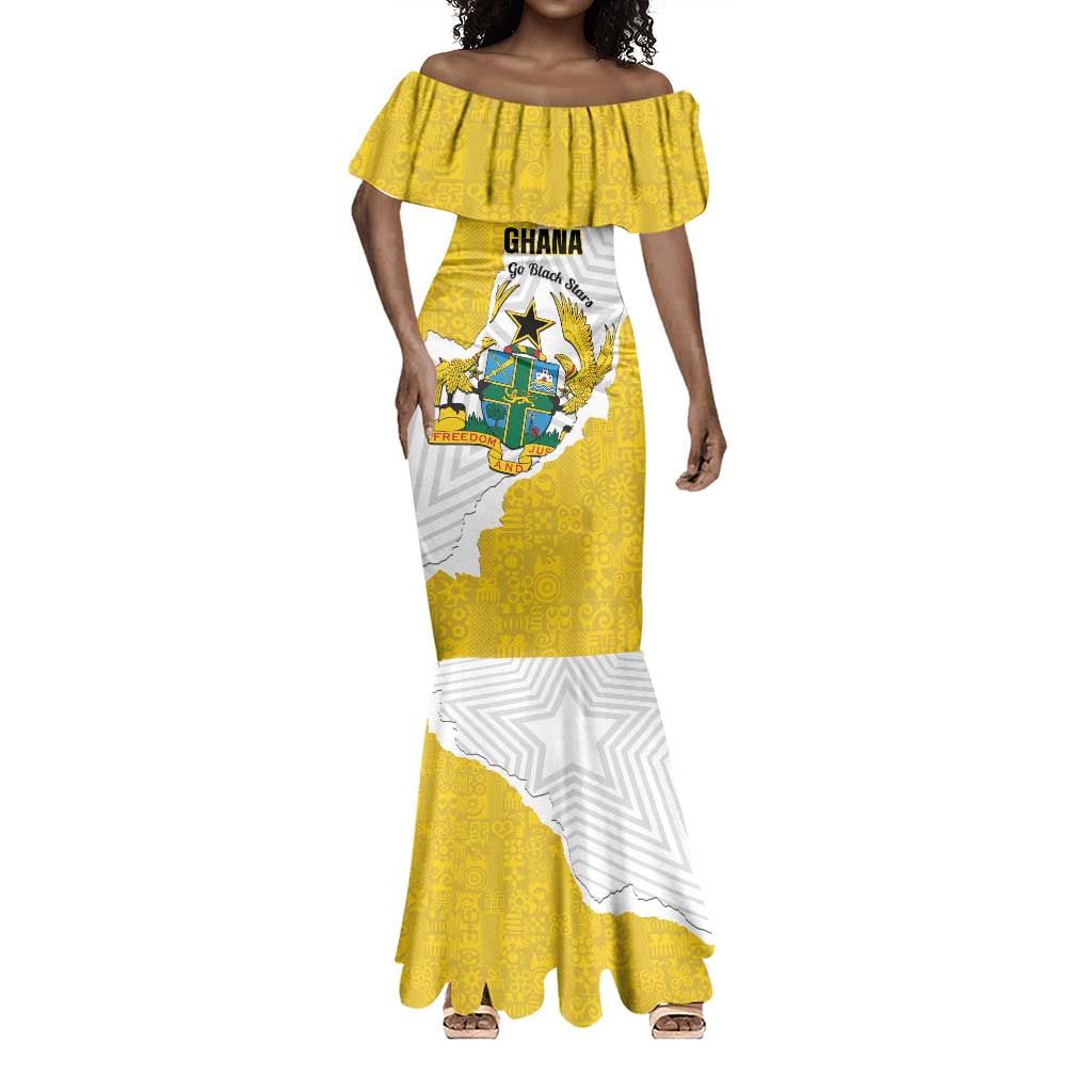 Custom Ghana Football Mermaid Dress 2026 Go Black Stars Yellow Adinkra Pattern LT14
