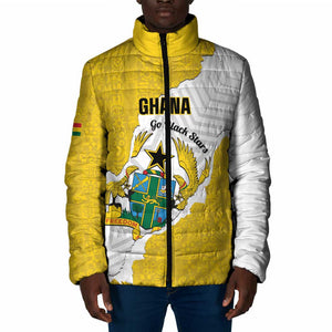 Custom Ghana Football Padded Jacket 2026 Go Black Stars Yellow Adinkra Pattern - African Pride