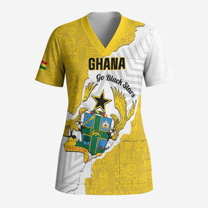 Custom Ghana Football Scrub Top 2026 Go Black Stars Yellow Adinkra Pattern - African Pride