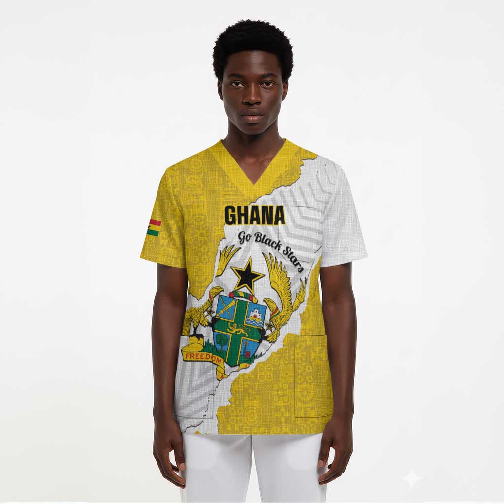 Custom Ghana Football Scrub Top 2026 Go Black Stars Yellow Adinkra Pattern - African Pride