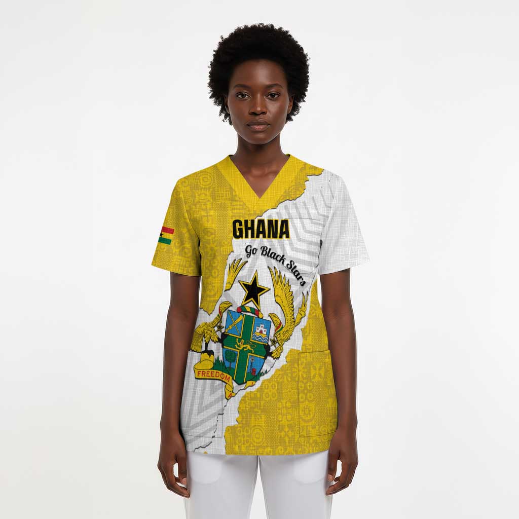 Custom Ghana Football Scrub Top 2026 Go Black Stars Yellow Adinkra Pattern - African Pride