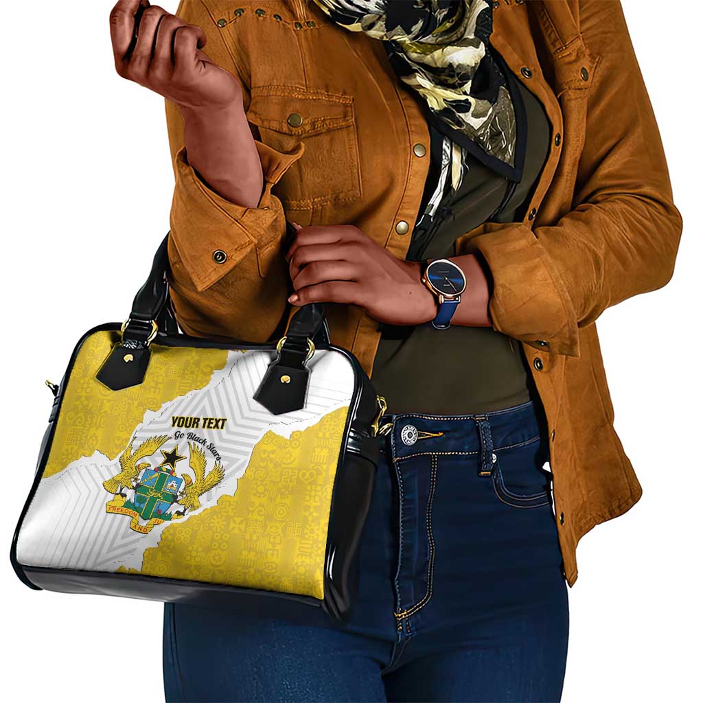 Custom Ghana Football Shoulder Handbag 2026 Go Black Stars Yellow Adinkra Pattern - African Pride