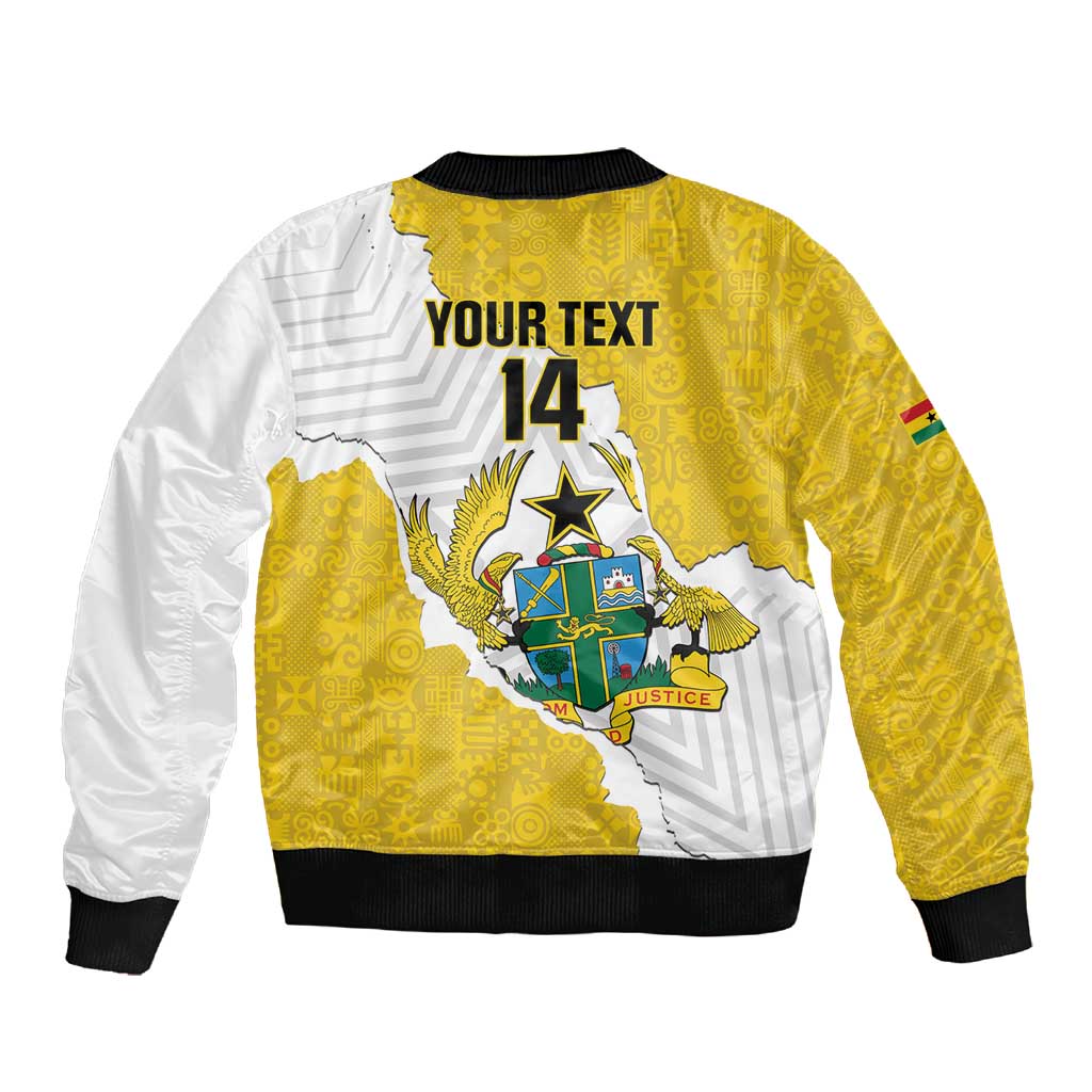 Custom Ghana Football Sleeve Zip Bomber Jacket 2026 Go Black Stars Yellow Adinkra Pattern - African Pride