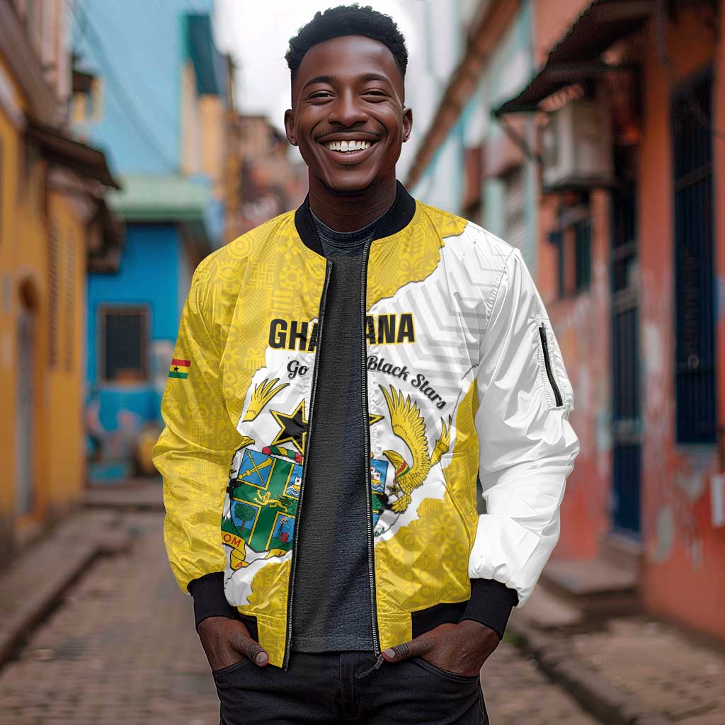 Custom Ghana Football Sleeve Zip Bomber Jacket 2026 Go Black Stars Yellow Adinkra Pattern - African Pride