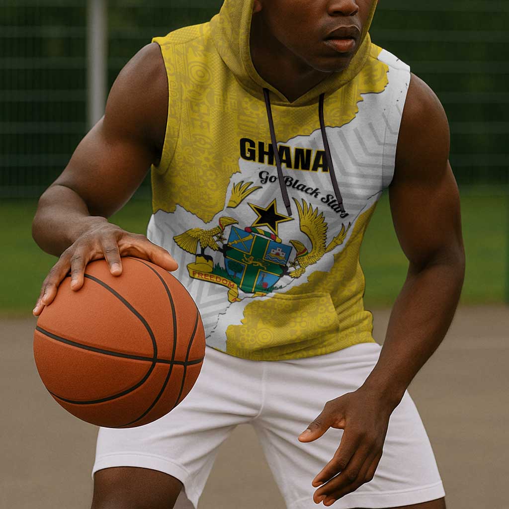 Custom Ghana Football Sleeveless Hoodie 2026 Go Black Stars Yellow Adinkra Pattern - African Pride