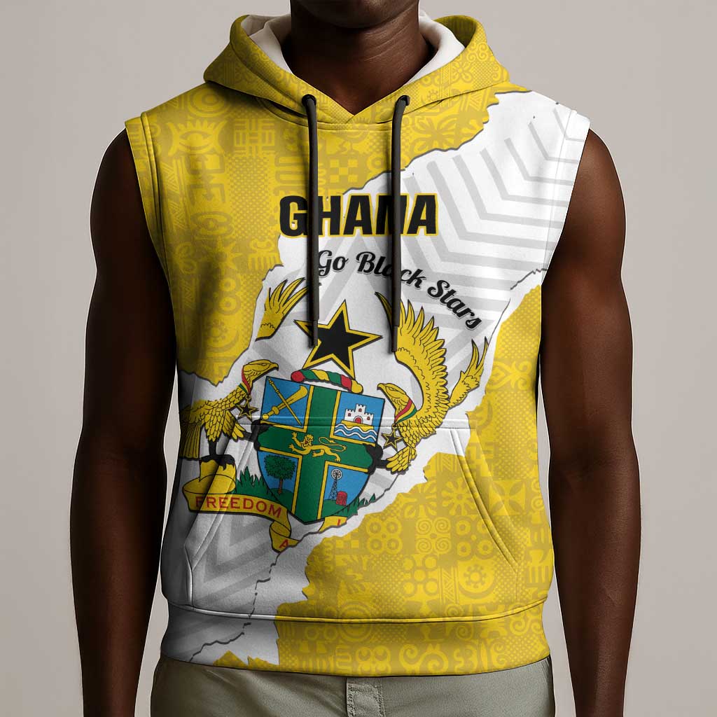 Custom Ghana Football Sleeveless Hoodie 2026 Go Black Stars Yellow Adinkra Pattern - African Pride