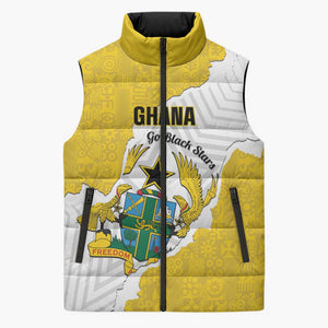 Custom Ghana Football Sleeveless Puffer Jacket 2026 Go Black Stars Yellow Adinkra Pattern - African Pride