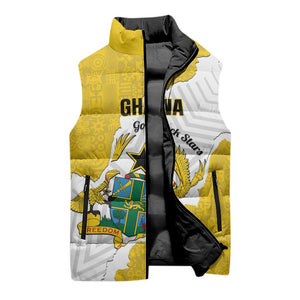 Custom Ghana Football Sleeveless Puffer Jacket 2026 Go Black Stars Yellow Adinkra Pattern - African Pride