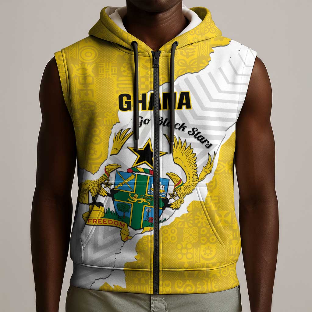 Custom Ghana Football Sleeveless Zip Hoodie 2026 Go Black Stars Yellow Adinkra Pattern - African Pride
