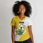 Custom Ghana Football Women V-Neck T-Shirt 2026 Go Black Stars Yellow Adinkra Pattern LT14