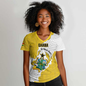 Custom Ghana Football Women V-Neck T-Shirt 2026 Go Black Stars Yellow Adinkra Pattern LT14