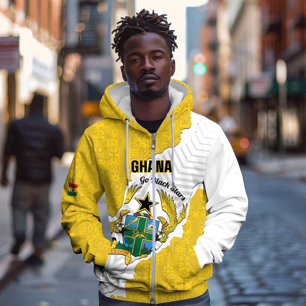 Custom Ghana Football Zip Hoodie 2026 Go Black Stars Yellow Adinkra Pattern - African Pride