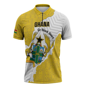 Custom Ghana Football Zipper Polo Shirt 2026 Go Black Stars Yellow Adinkra Pattern - African Pride