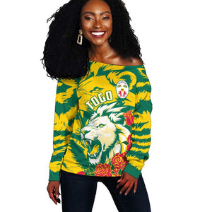 Togo Independence Day Off Shoulder Sweater Lion and Rose Proud To Be Togolese