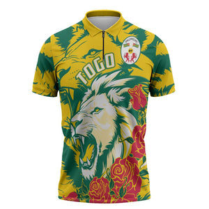 Togo Independence Day Zipper Polo Shirt Lion and Rose Proud To Be Togolese