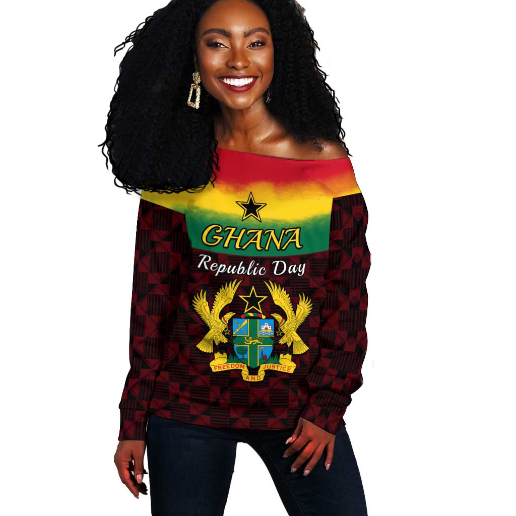 Personalised 1 July Ghana Republic Day Off Shoulder Sweater African Pattern Mix Flag Unique Style