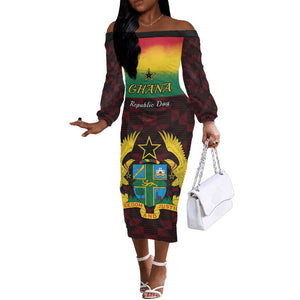 Personalised 1 July Ghana Republic Day Off The Shoulder Long Sleeve Dress African Pattern Mix Flag Unique Style