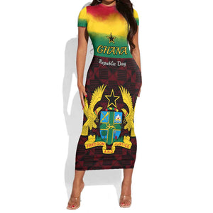 Personalised 1 July Ghana Republic Day Short Sleeve Bodycon Dress African Pattern Mix Flag Unique Style