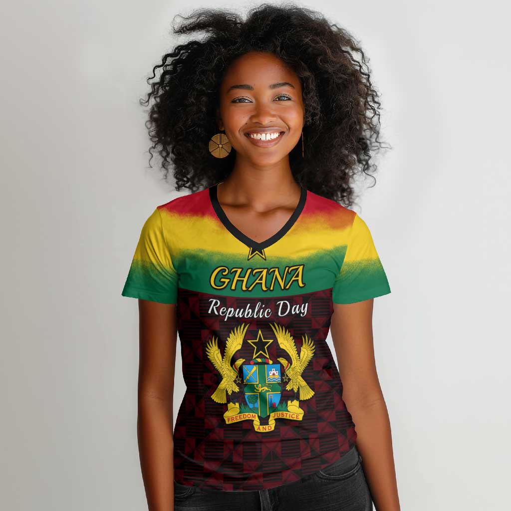 Personalised 1 July Ghana Republic Day Women V-Neck T-Shirt African Pattern Mix Flag Unique Style