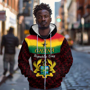 Personalised 1 July Ghana Republic Day Zip Hoodie African Pattern Mix Flag Unique Style