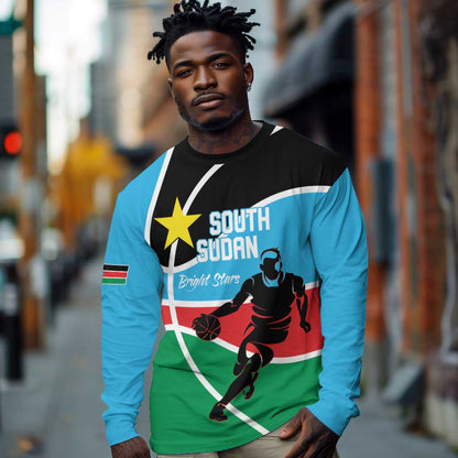 Afro Basketball Custom South Sudan Long Sleeve Shirt Come On Bright Stars - African Pride
