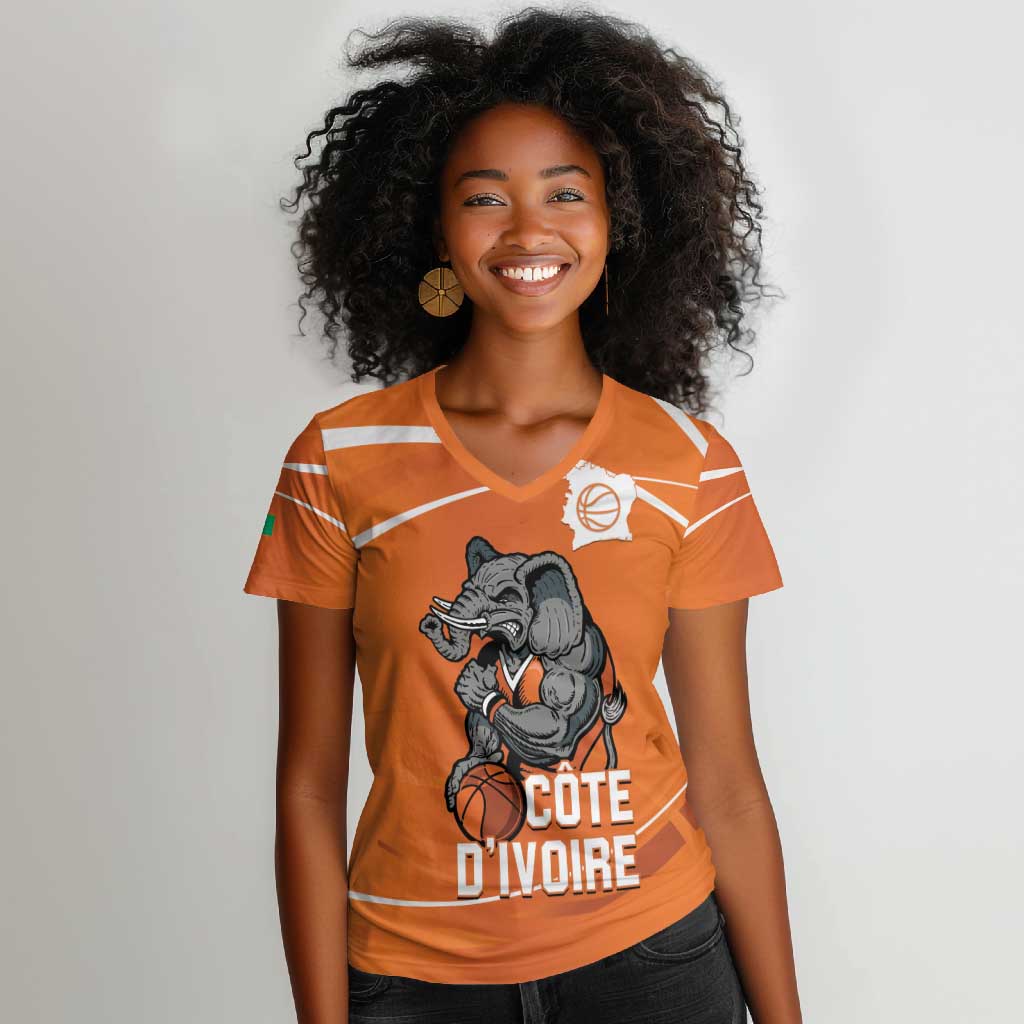 Afro Basketball Custom Ivory Coast Women V-Neck T-Shirt Allez Les Elephants - African Pride