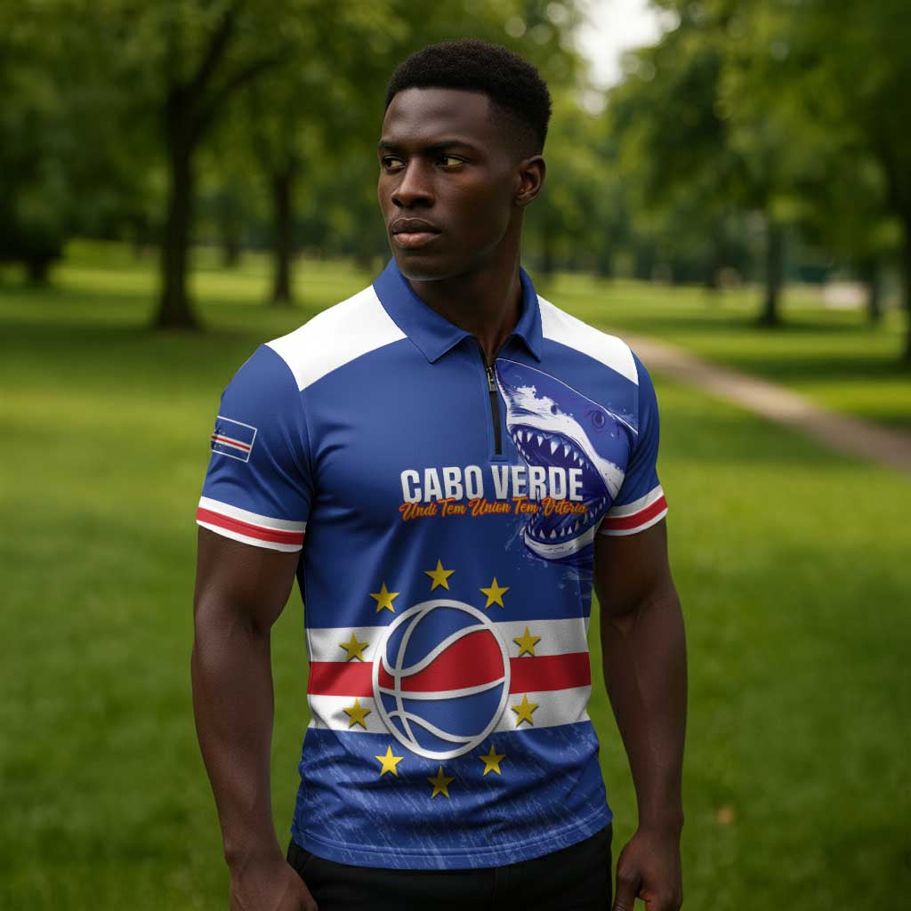 Cape Verde Basketball Custom Zipper Polo Shirt Come On Blue Sharks