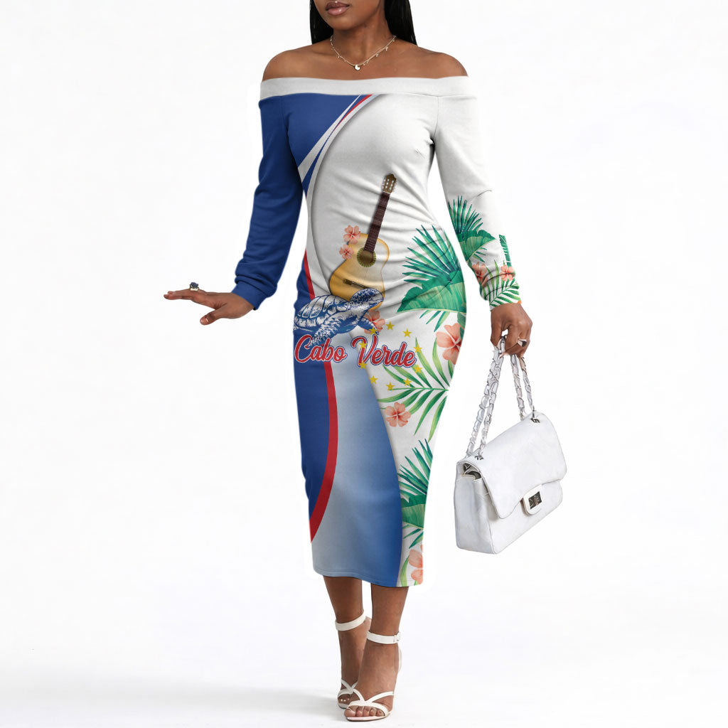 Cavaquinho Cabo Verde Off The Shoulder Long Sleeve Dress Cape Verdean Instrument Tropical Sea Turtle