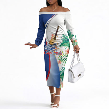 Cavaquinho Cabo Verde Off The Shoulder Long Sleeve Dress Cape Verdean Instrument Tropical Sea Turtle