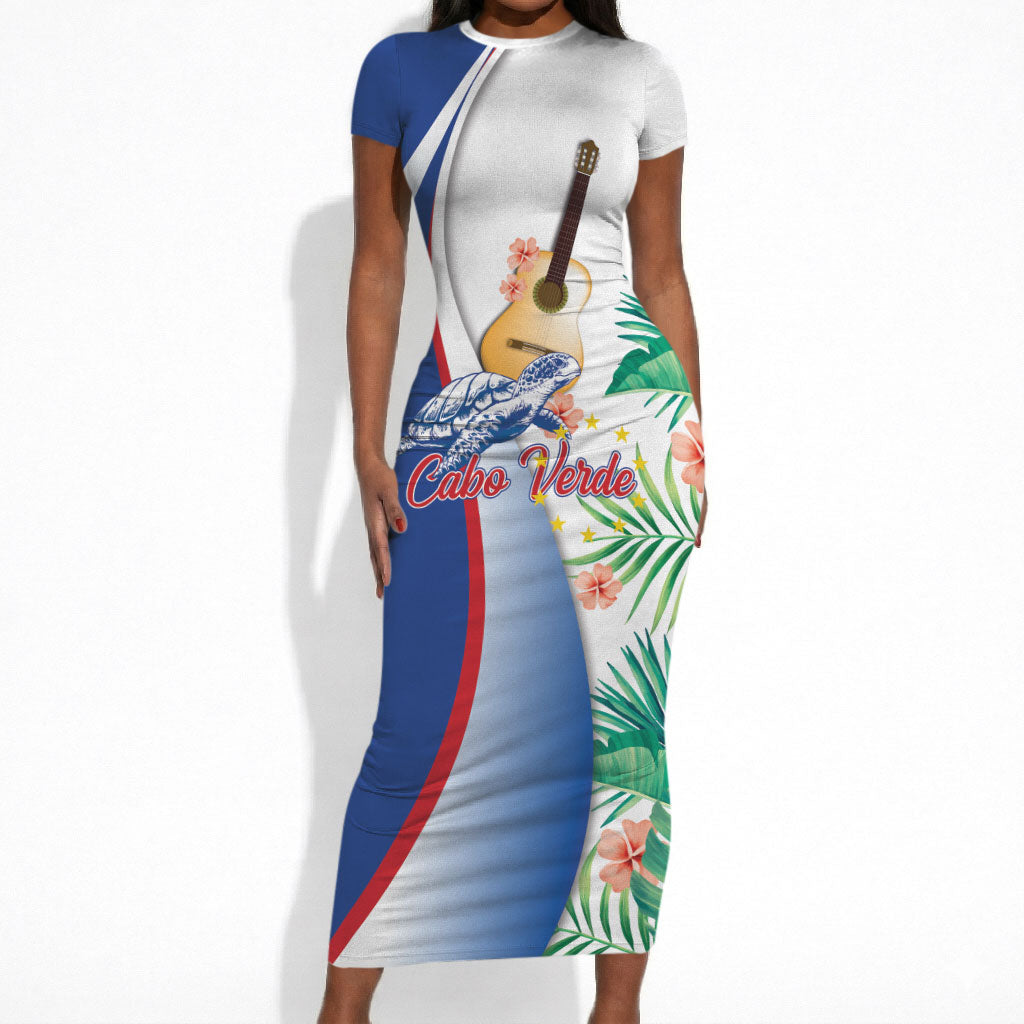 Cavaquinho Cabo Verde Short Sleeve Bodycon Dress Cape Verdean Instrument Tropical Sea Turtle