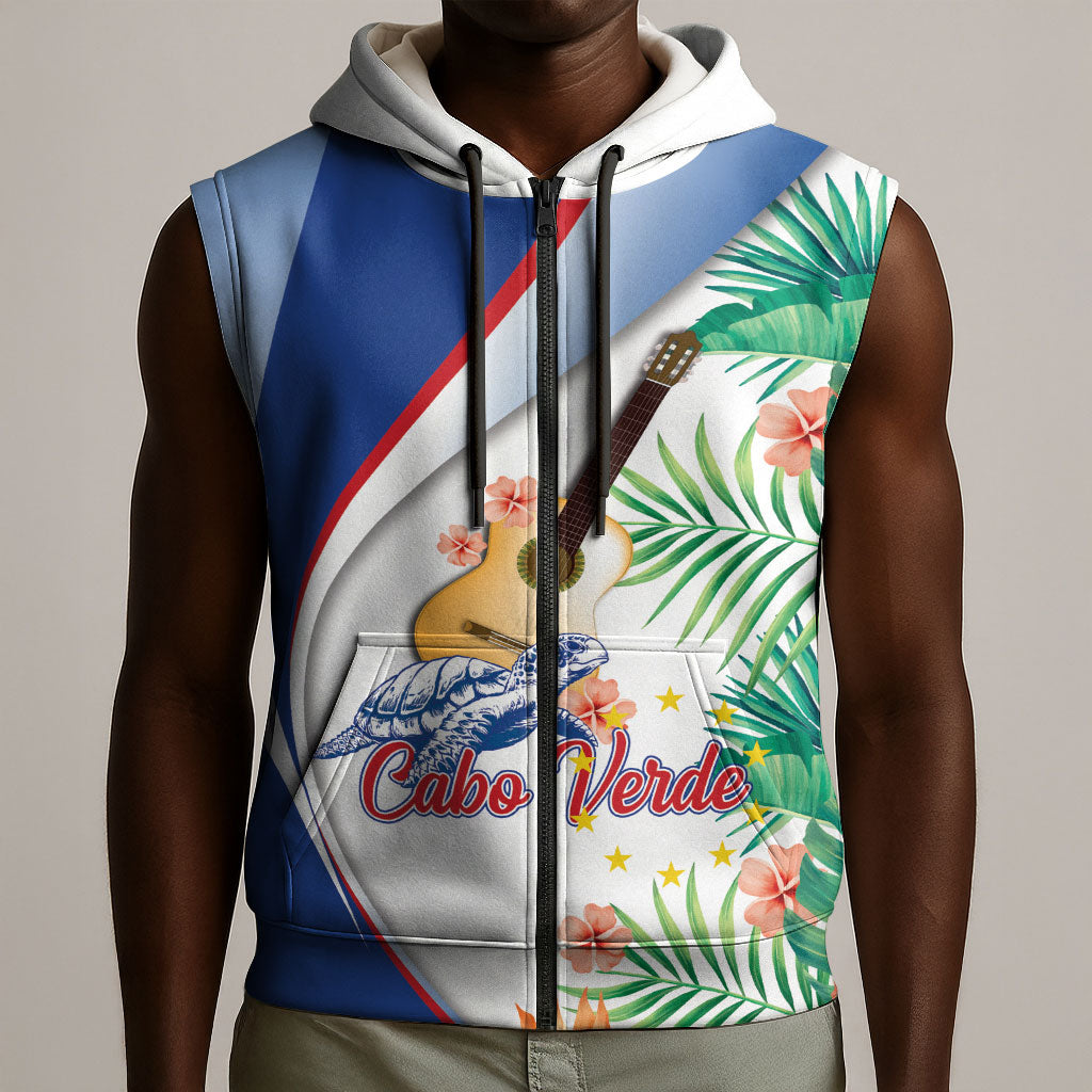 Cavaquinho Cabo Verde Sleeveless Zip Hoodie Cape Verdean Instrument Tropical Sea Turtle
