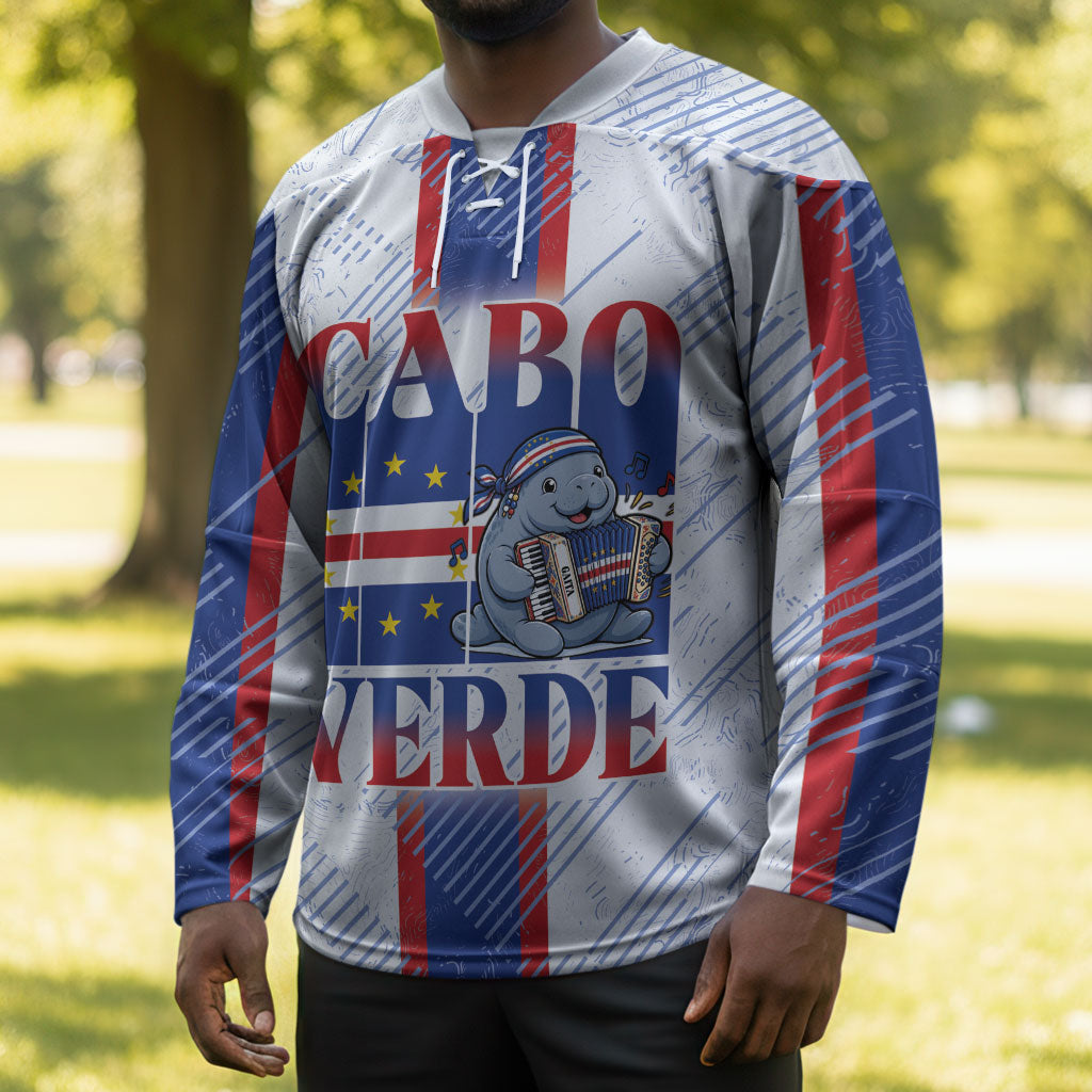 Accordion Gaita Cabo Verde Hockey Jersey Cape Verdean Instrument Cute Manatee