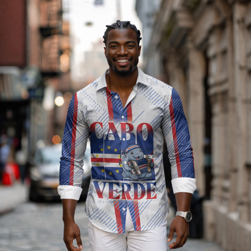 Accordion Gaita Cabo Verde Long Sleeve Button Shirt Cape Verdean Instrument Cute Manatee