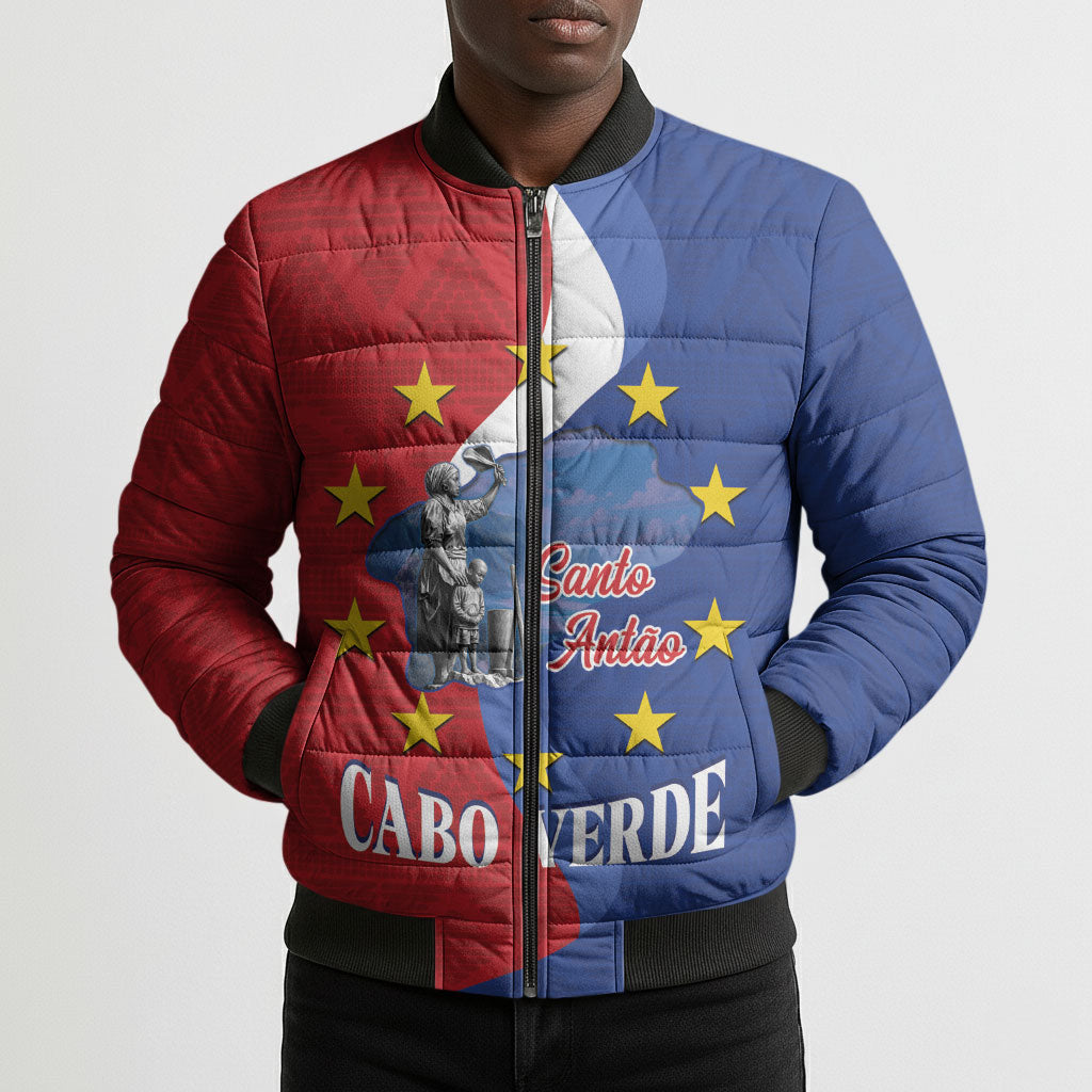 Santo Antao Cabo Verde Bomber Puffer Jacket Map With Me Maia Statue African Pattern