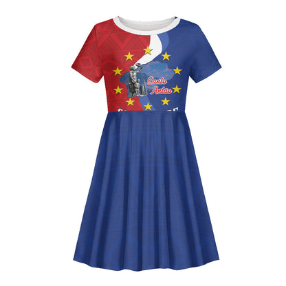 Santo Antao Cabo Verde Kid Short Sleeve Dress Map With Me Maia Statue African Pattern