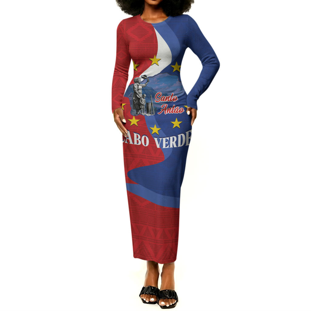 Santo Antao Cabo Verde Long Sleeve Bodycon Dress Map With Me Maia Statue African Pattern
