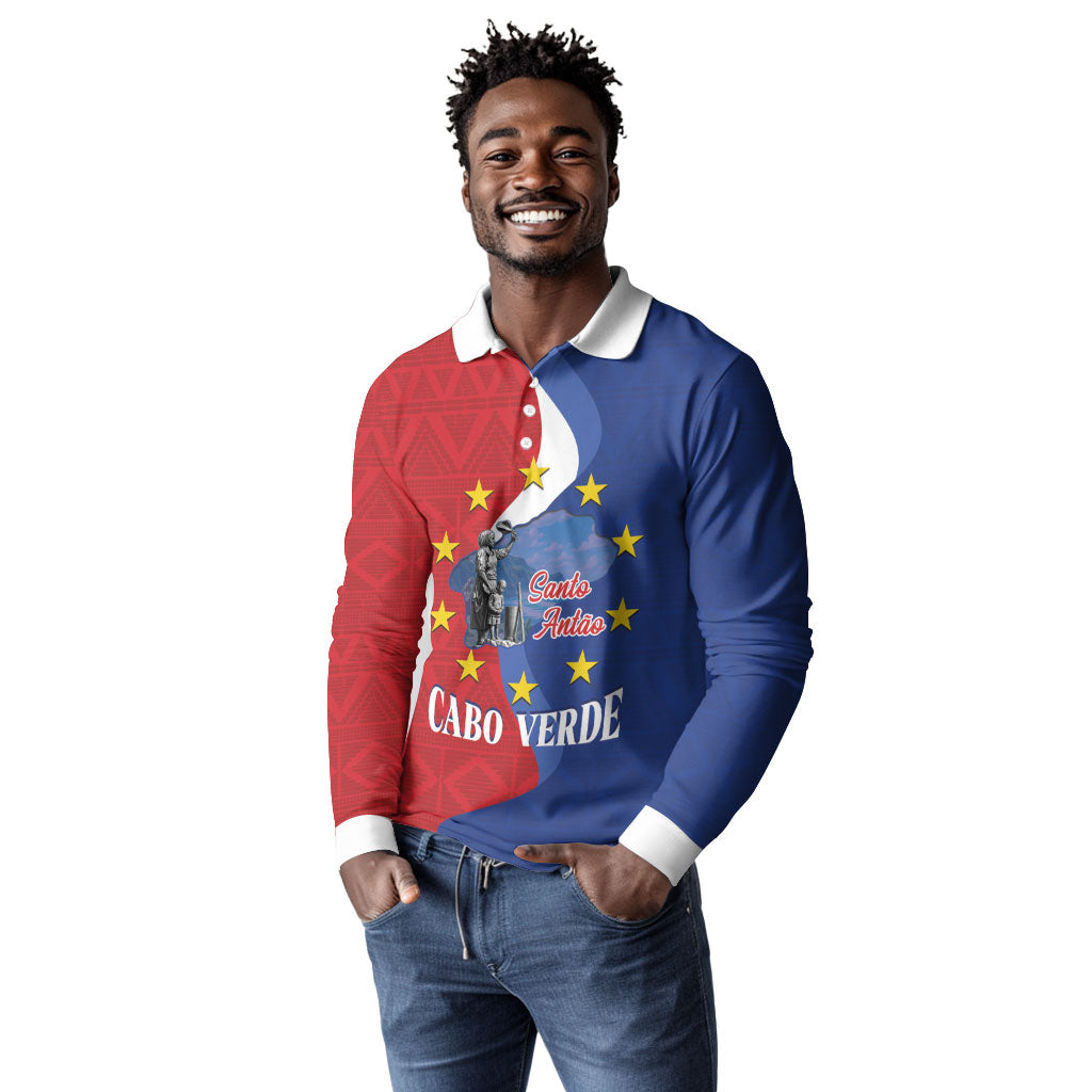 Santo Antao Cabo Verde Long Sleeve Polo Shirt Map With Me Maia Statue African Pattern
