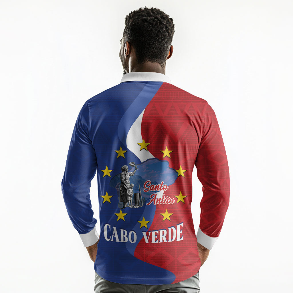 Santo Antao Cabo Verde Long Sleeve Polo Shirt Map With Me Maia Statue African Pattern