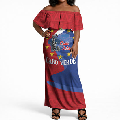 Santo Antao Cabo Verde Off Shoulder Maxi Dress Map With Me Maia Statue African Pattern