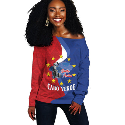 Santo Antao Cabo Verde Off Shoulder Sweater Map With Me Maia Statue African Pattern