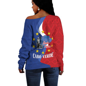 Santo Antao Cabo Verde Off Shoulder Sweater Map With Me Maia Statue African Pattern