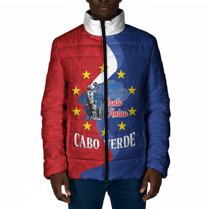 Santo Antao Cabo Verde Padded Jacket Map With Me Maia Statue African Pattern