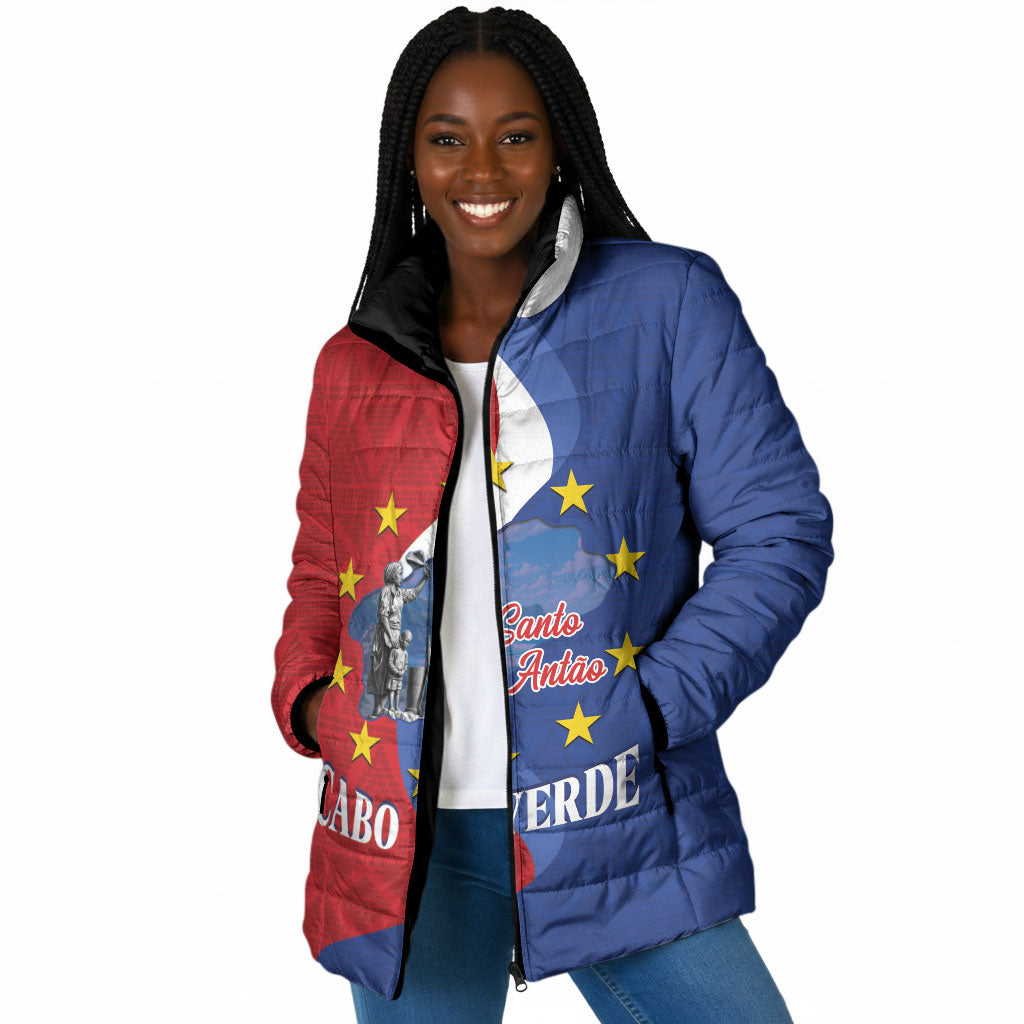 Santo Antao Cabo Verde Padded Jacket Map With Me Maia Statue African Pattern