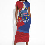 Santo Antao Cabo Verde Short Sleeve Bodycon Dress Map With Me Maia Statue African Pattern
