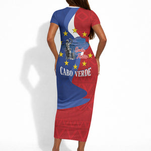 Santo Antao Cabo Verde Short Sleeve Bodycon Dress Map With Me Maia Statue African Pattern