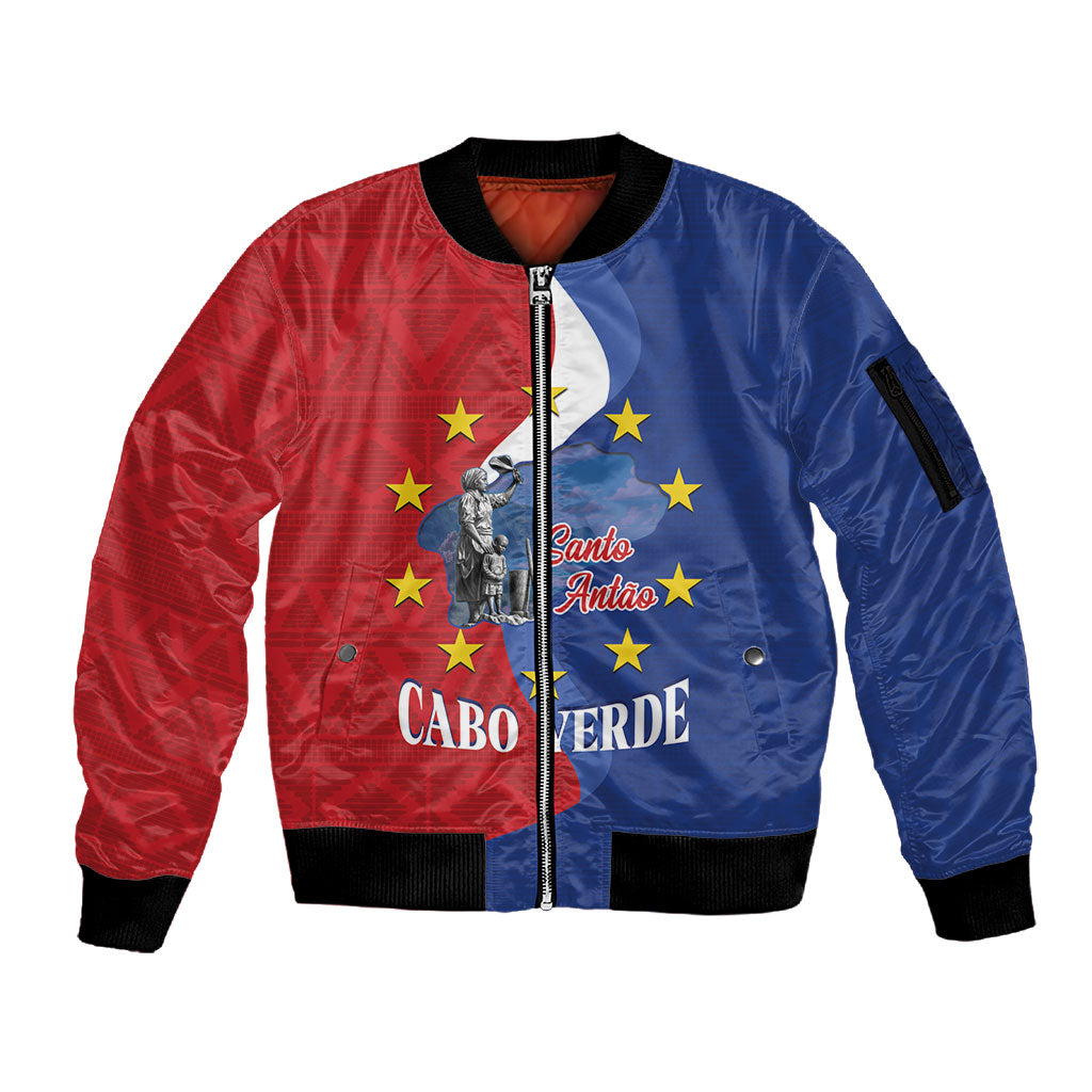 Santo Antao Cabo Verde Sleeve Zip Bomber Jacket Map With Me Maia Statue African Pattern