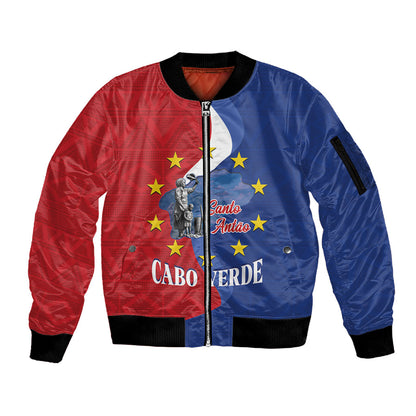 Santo Antao Cabo Verde Sleeve Zip Bomber Jacket Map With Me Maia Statue African Pattern